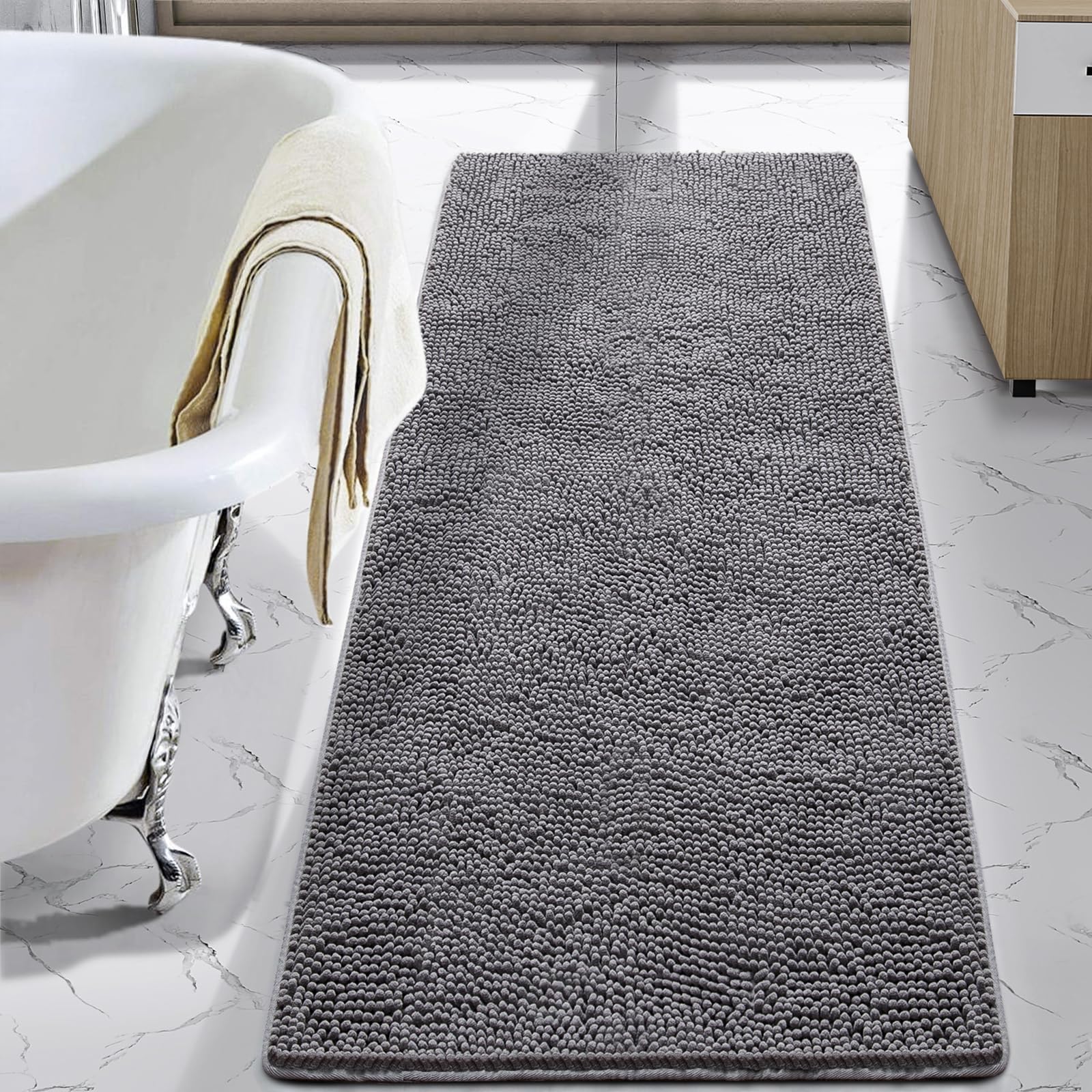 LOCHAS shaggy 24x60 inch bath mat for plush comfort after showers.