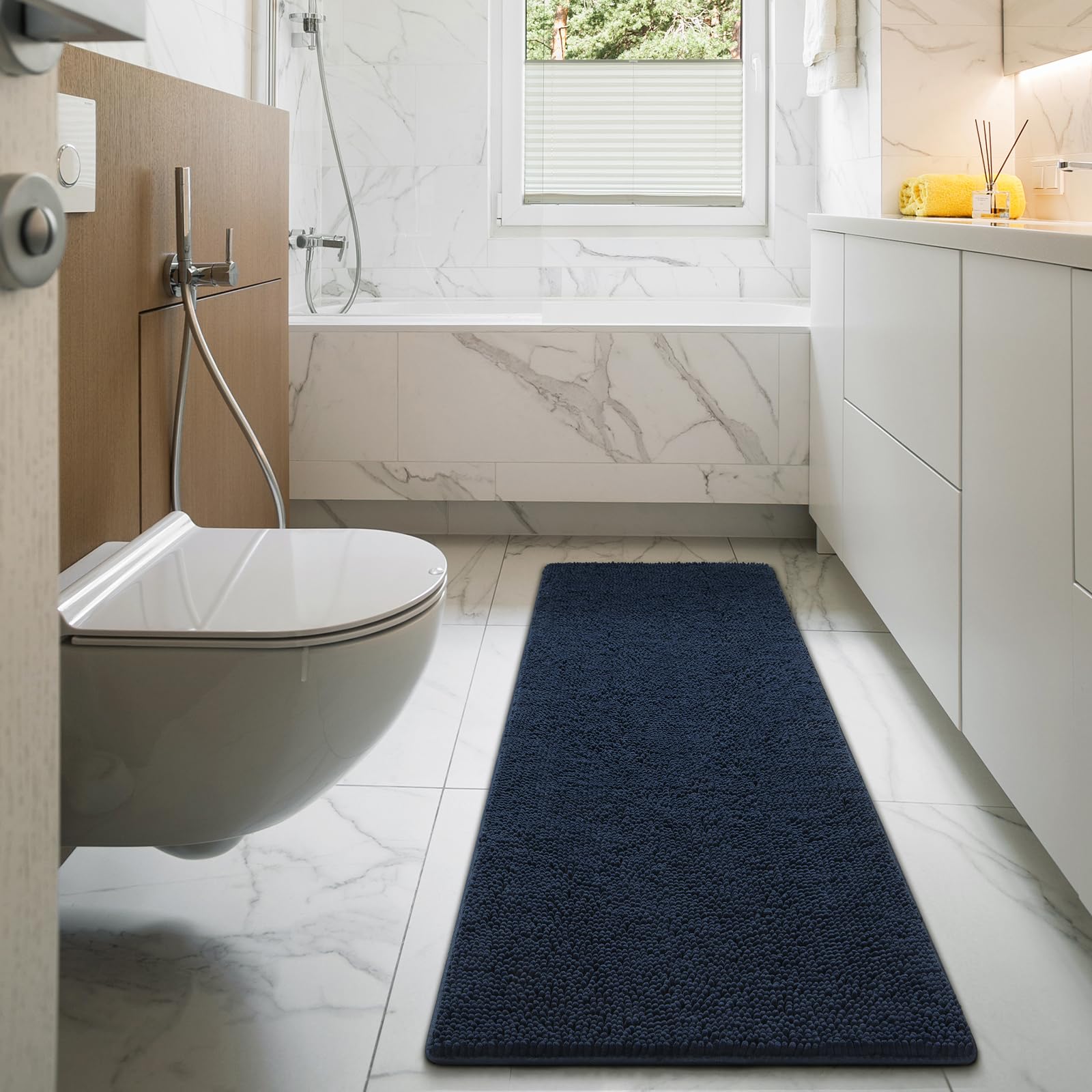 Beautiful navy LOCHAS rug brightens any bathroom or hallway