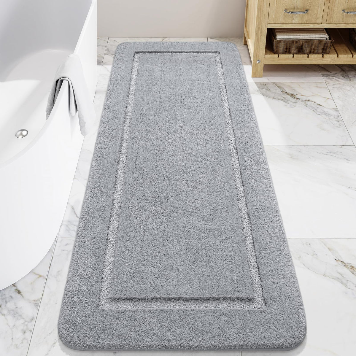 LOCHAS 24x60 soft plush gray rug for warm feet after shower.