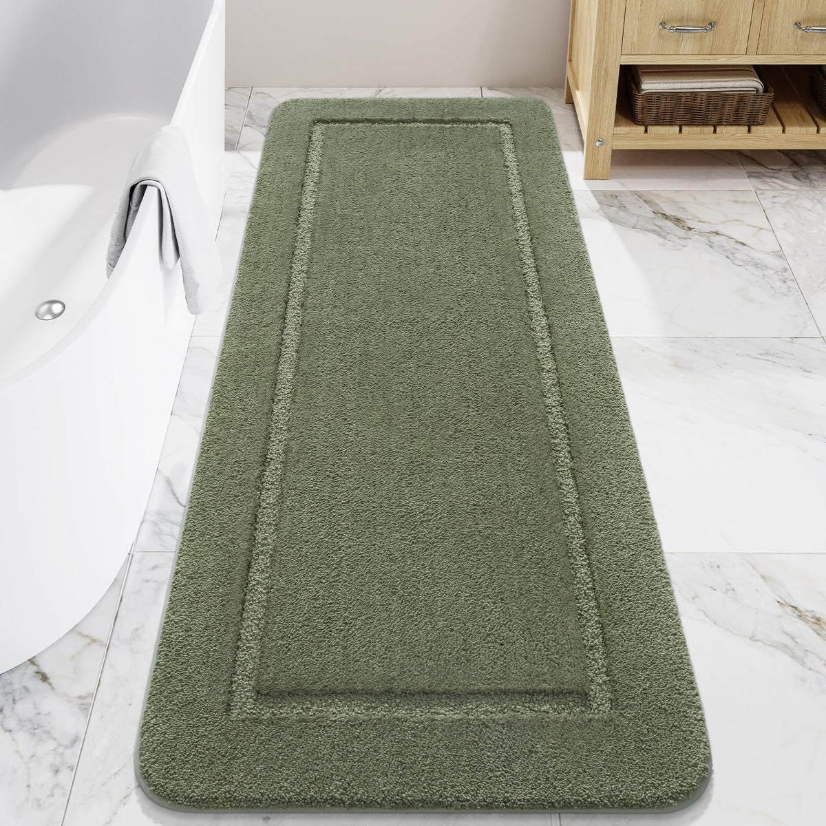 LOCHAS sage green bathroom runner with plush microfiber for warm, soft steps
