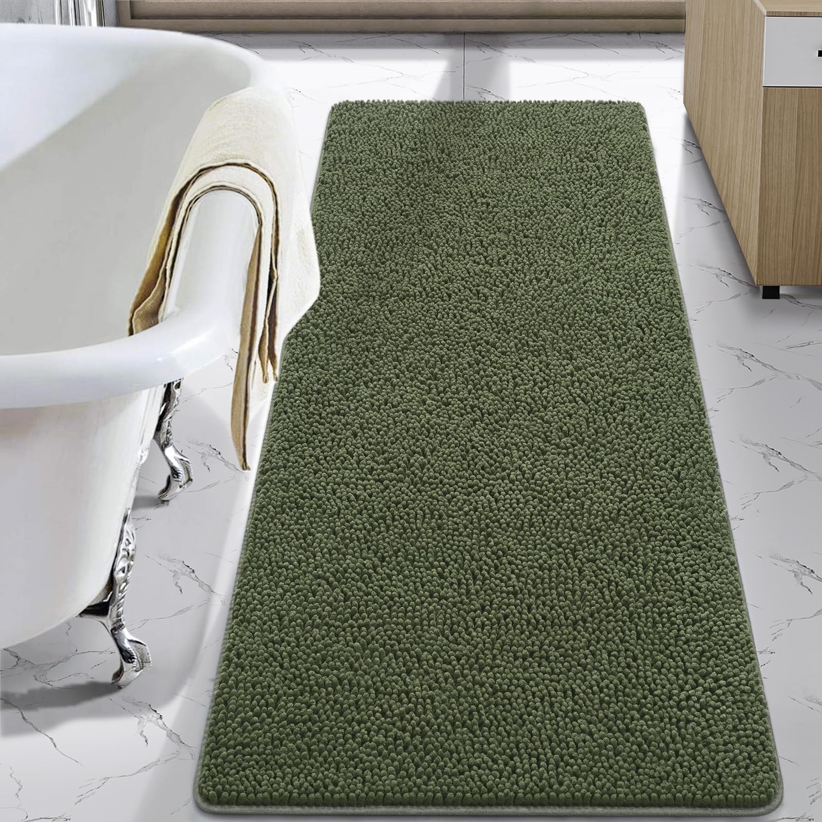 LOCHAS Luxury Bath Rug front view showcases plush chenille in olive green for cozy feet.