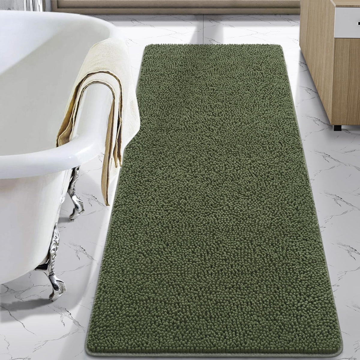 LOCHAS Luxury Bath Rug front view showcases plush chenille in olive green for cozy feet.