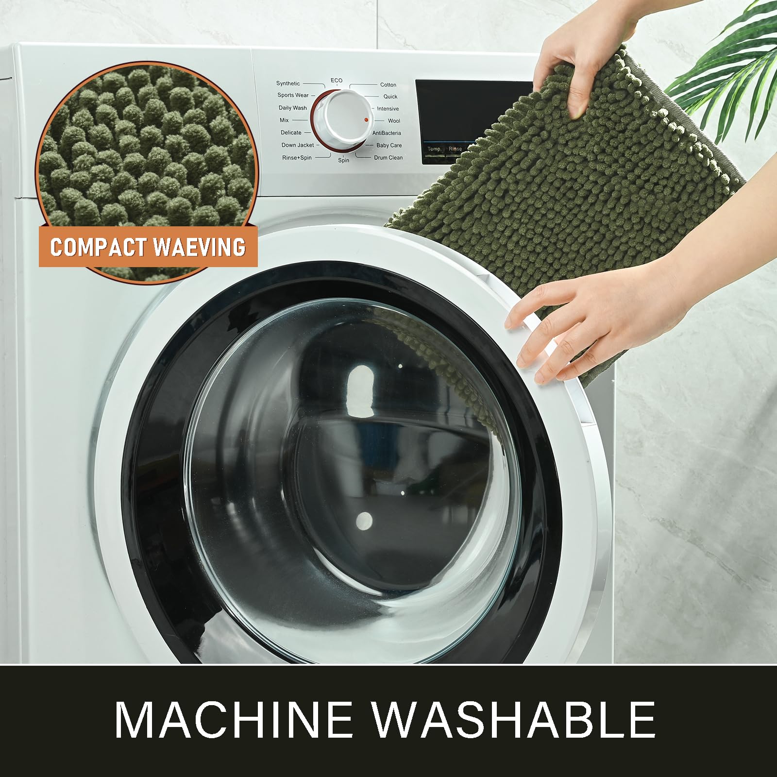 LOCHAS olive-green rug highlights generous size for bathrooms and hallways.