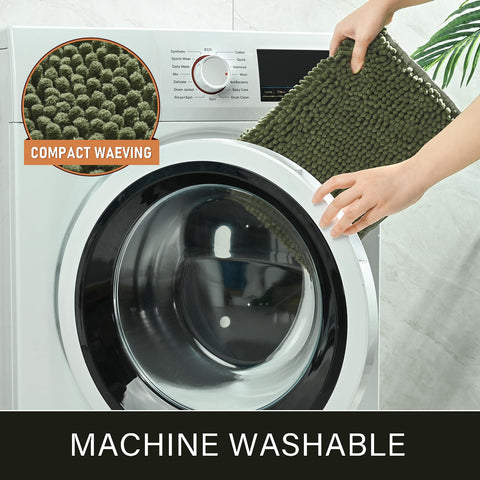 LOCHAS olive-green rug highlights generous size for bathrooms and hallways.