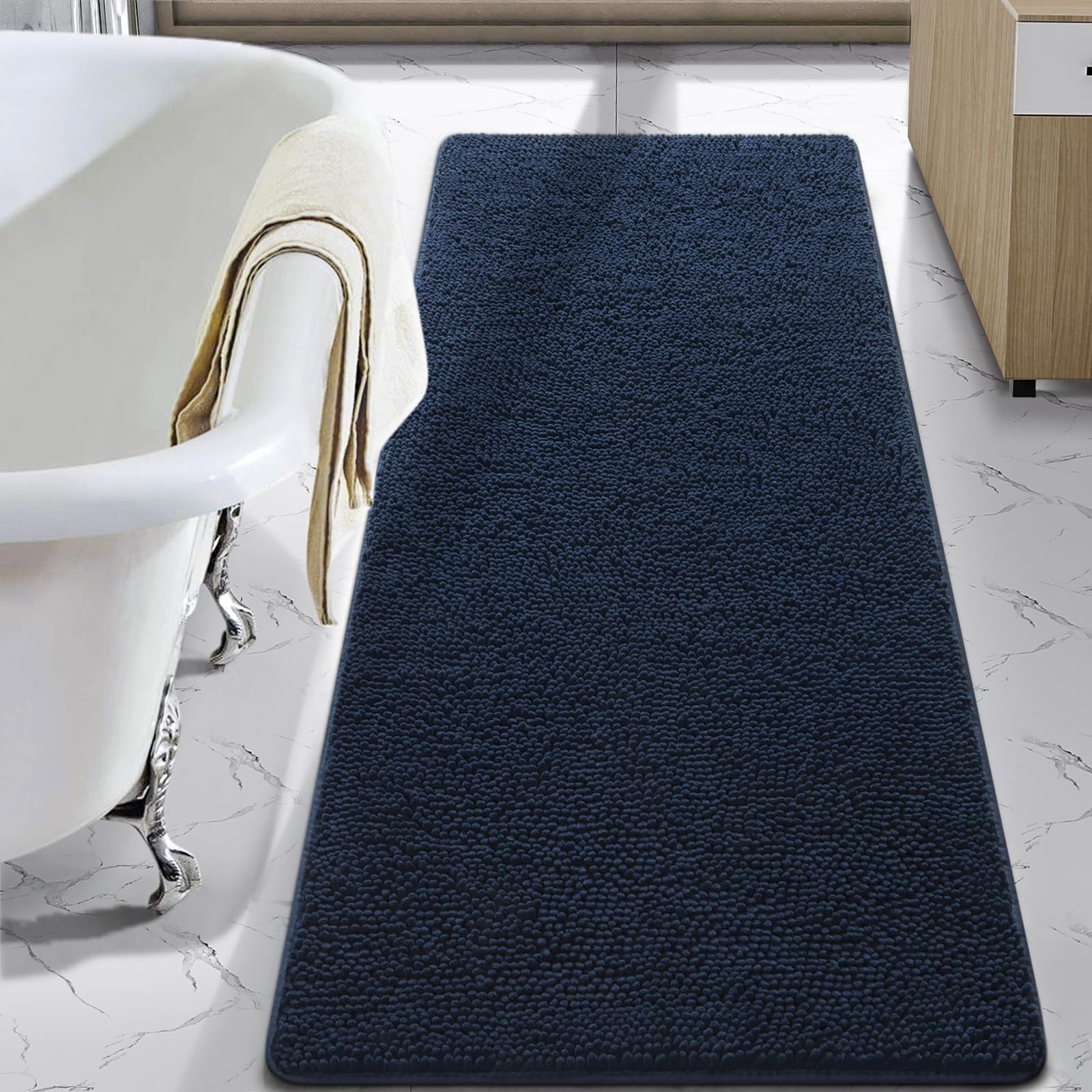 LOCHAS luxury shaggy bath rug in navy offers plush underfoot comfort