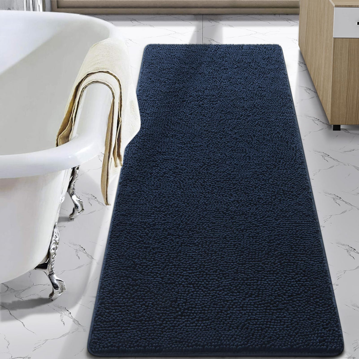 LOCHAS luxury shaggy bath rug in navy offers plush underfoot comfort