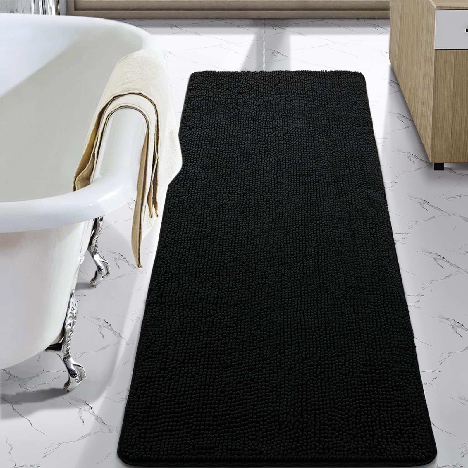 LOCHAS luxury bath rug shaggy black with plush softness and full 24x60 inch coverage.