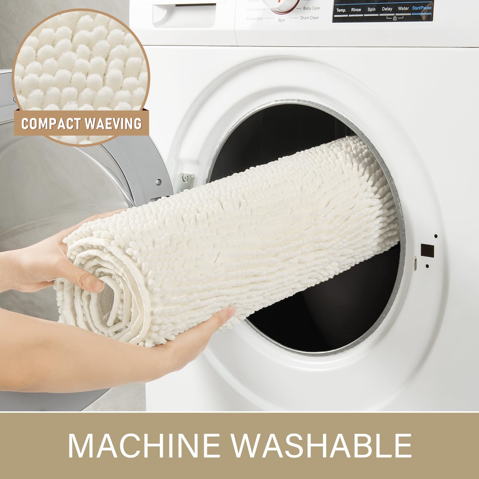 LOCHAS cream white bath rug blends with bathroom decor and adds elegant softness