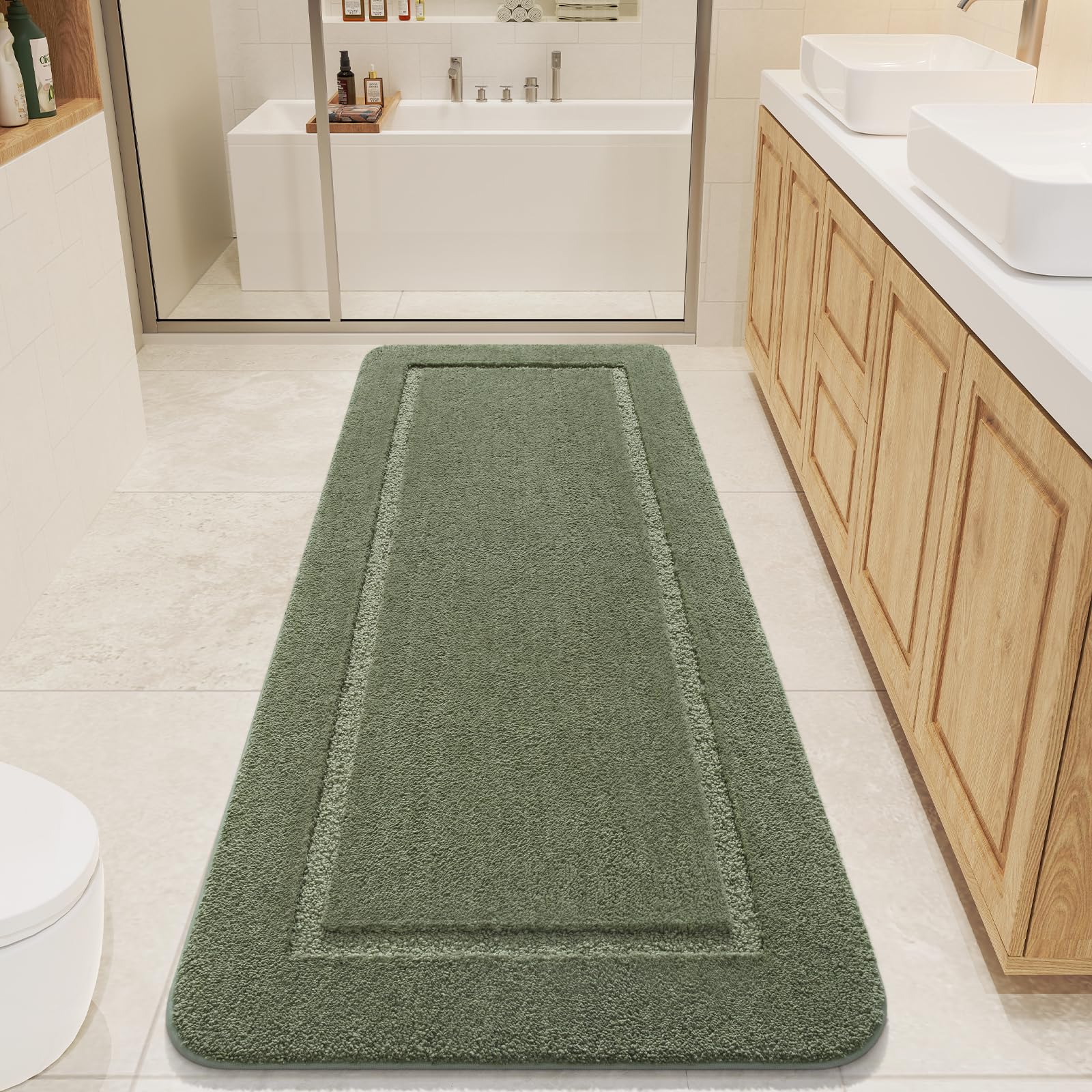 LOCHAS sage green rug complements modern bathroom decor
