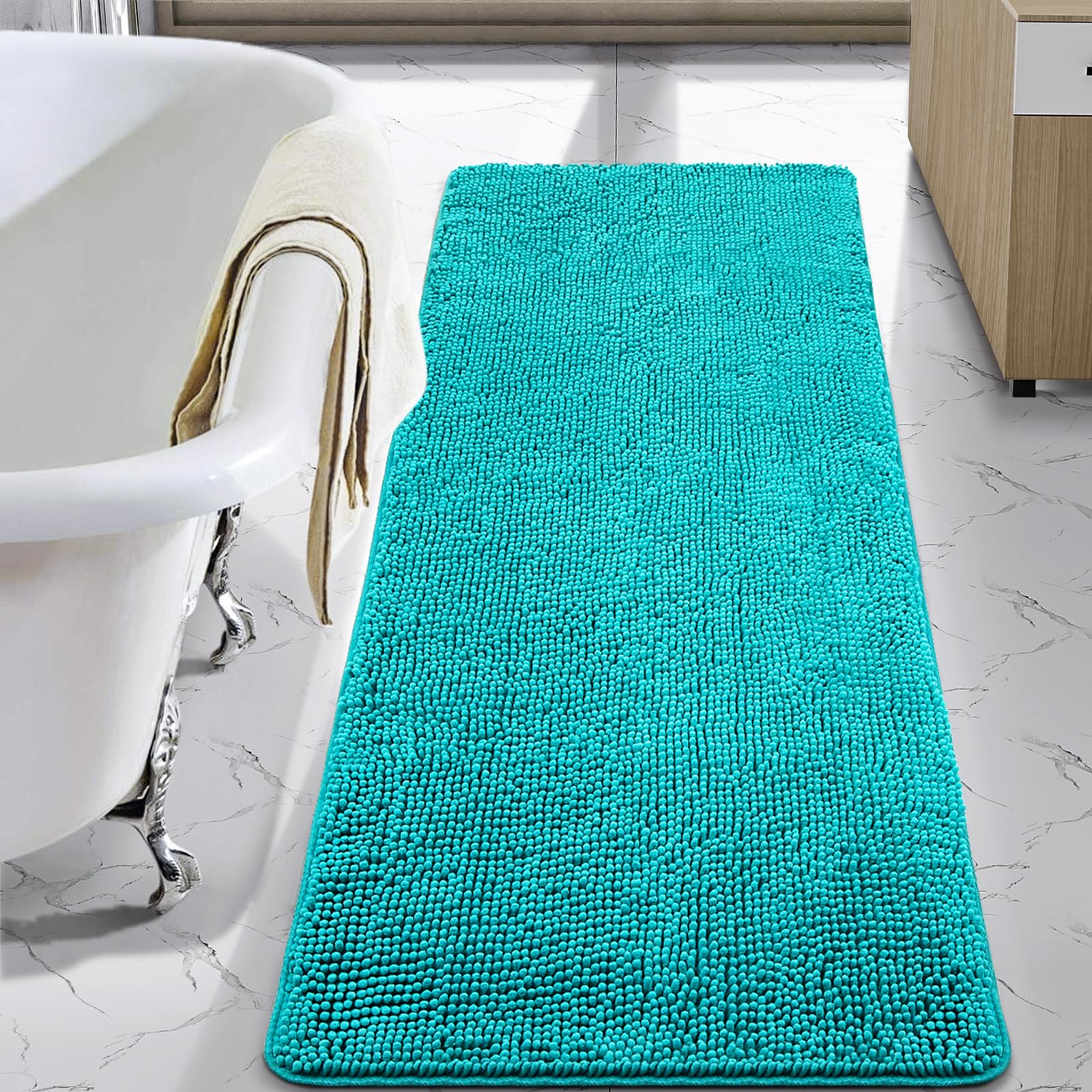 LOCHAS teal blue bath mat front view, plush, quick-drying surface