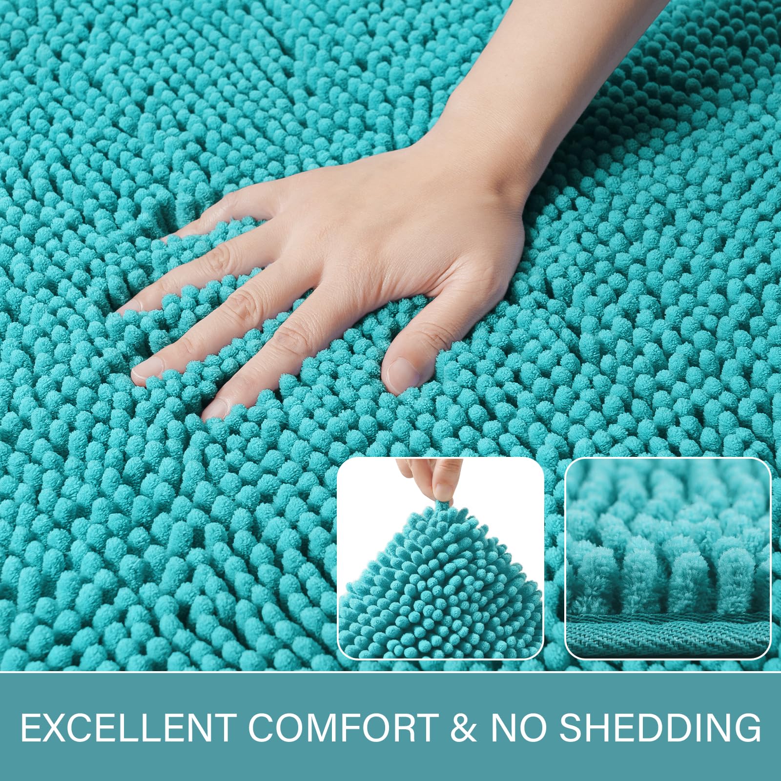 LOCHAS teal blue bath mat texture close-up showing ultra-soft chenille