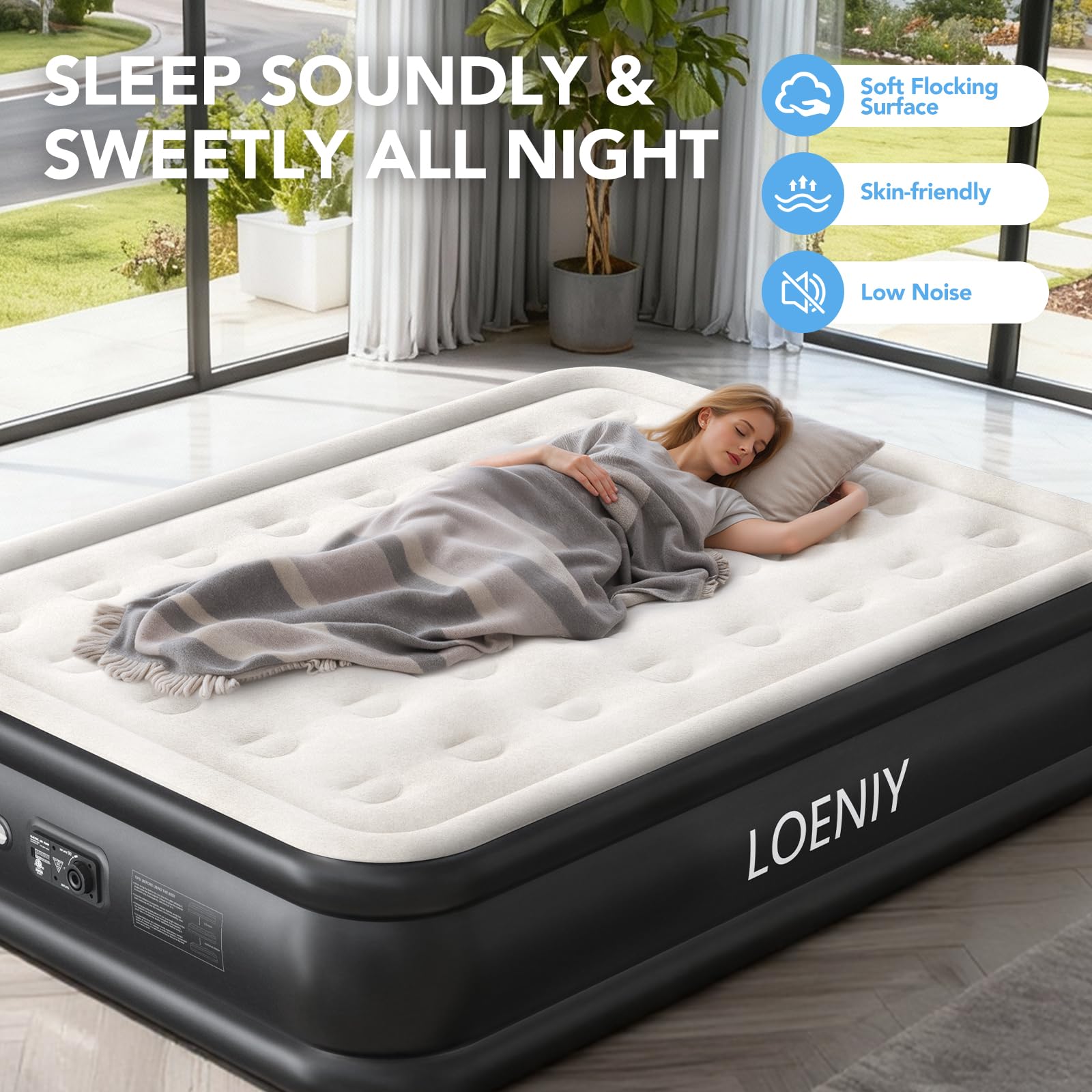LOENIY Queen Air Mattress built-in pump demonstrates quick inflation for guests