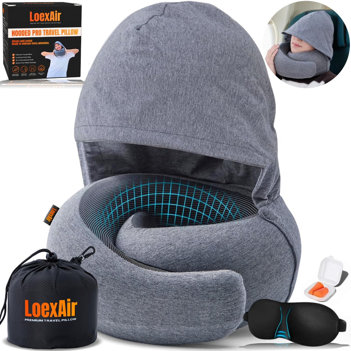 LOEXAIR Hooded Pro Travel Pillow fabric close-up highlights skin-friendly cotton comfort
