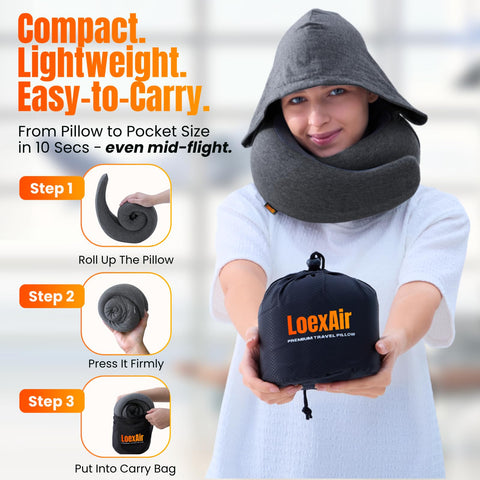 LOEXAIR Hooded Pro Pillow shows 360-degree ergonomic neck support