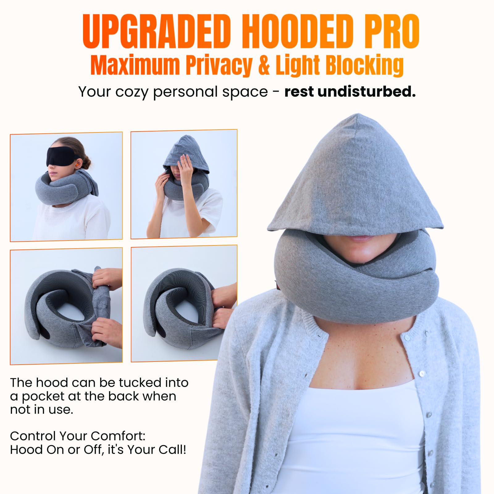 LOEXAIR Hooded Pro Travel Pillow hood feature boosts privacy during flights