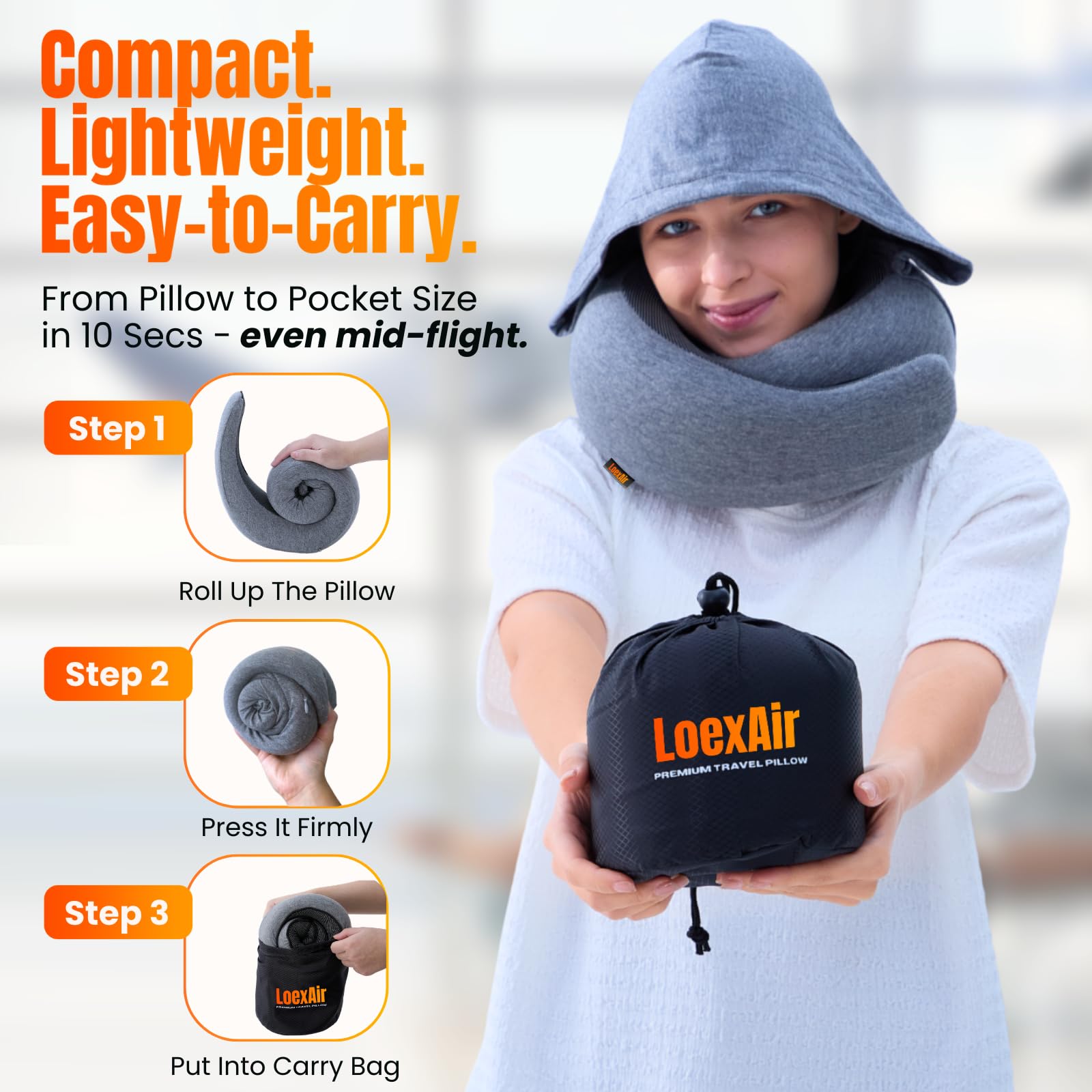 LOEXAIR Hooded Pro Travel Pillow memory foam detail offers balanced neck support