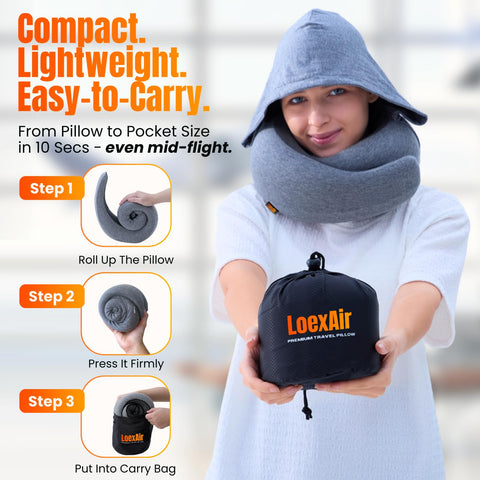 LOEXAIR Hooded Pro Travel Pillow memory foam detail offers balanced neck support
