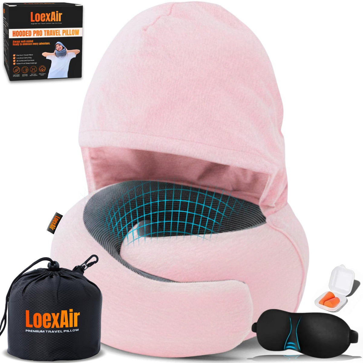 LOEXAIR Hooded Pro Travel Pillow in Sakura Pink for private, restful flights.