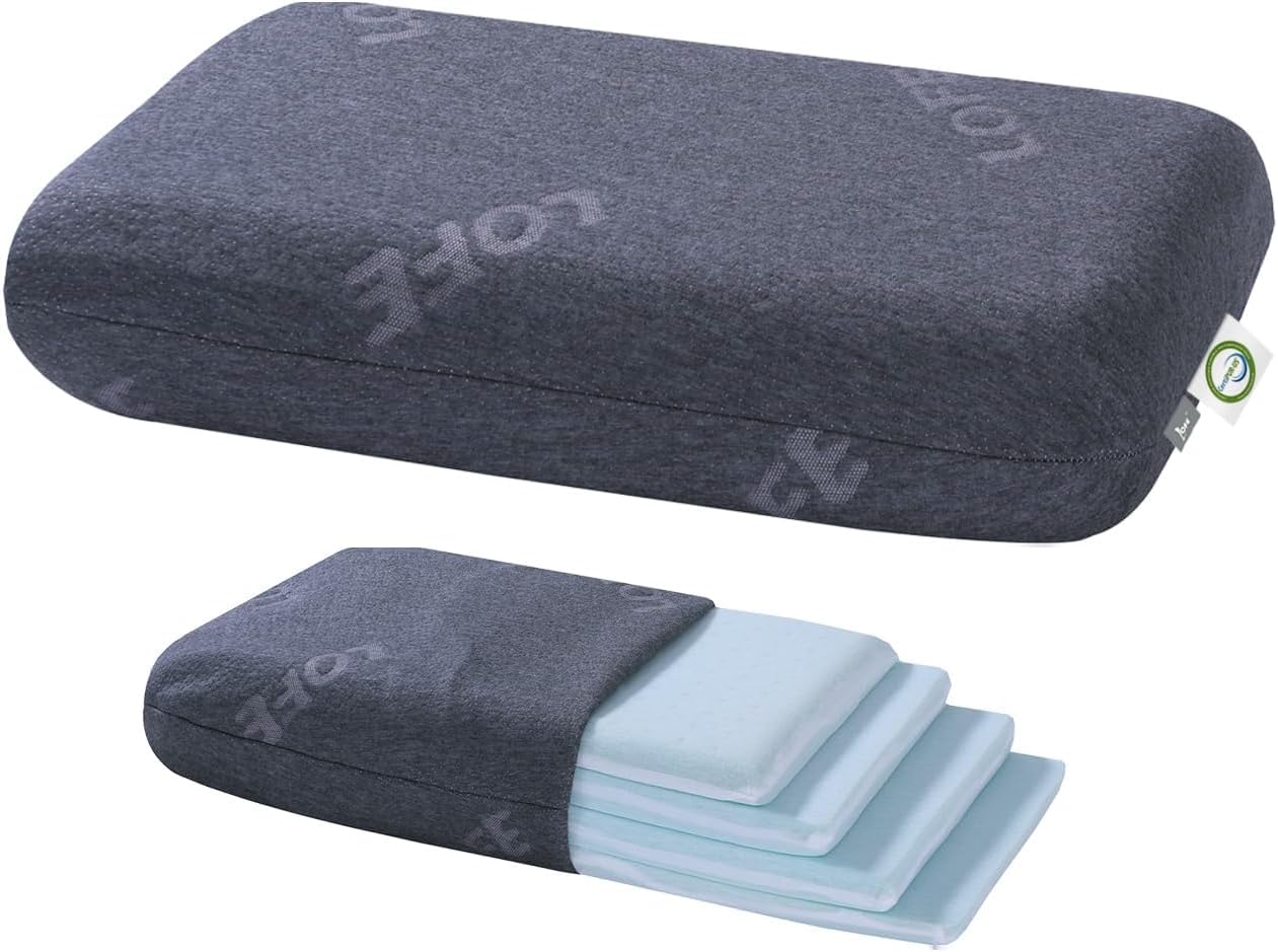 LOFE adjustable memory foam pillow shows four height options for customizable neck support