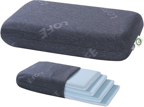 LOFE adjustable memory foam pillow shows four height options for customizable neck support