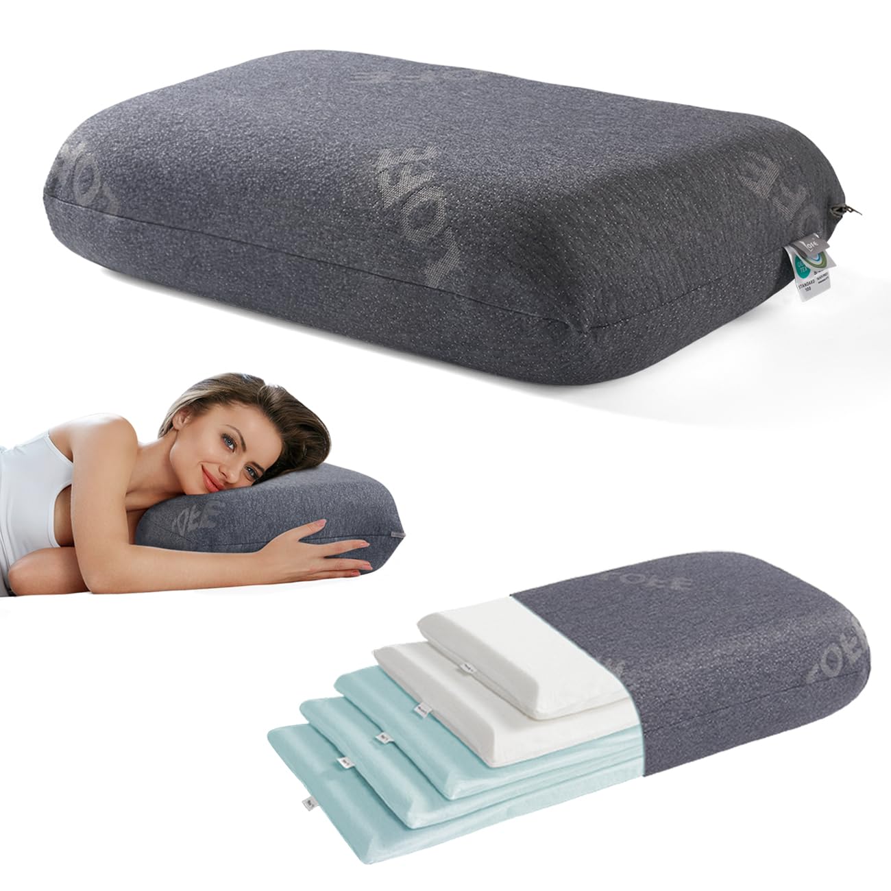 Lofe adjustable memory foam pillow front view showing layered foam for customizable support.