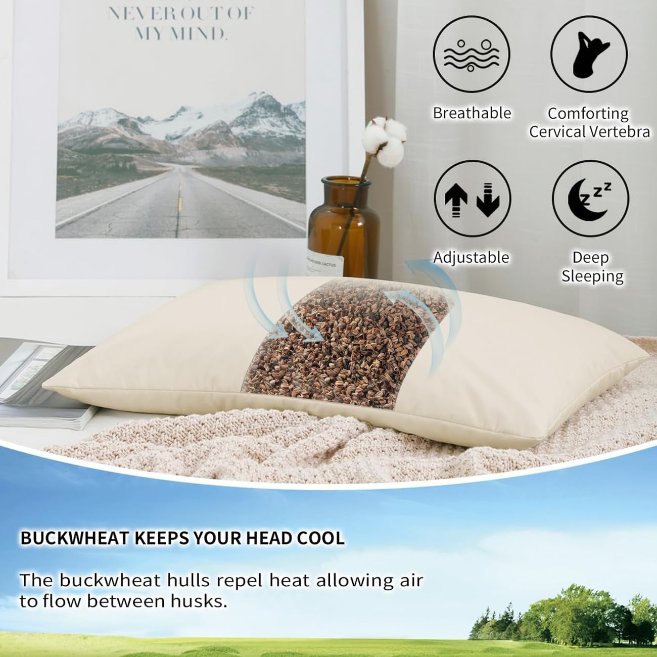 LOFE Buckwheat pillow characteristics include firmness and gentle hull movement for support.