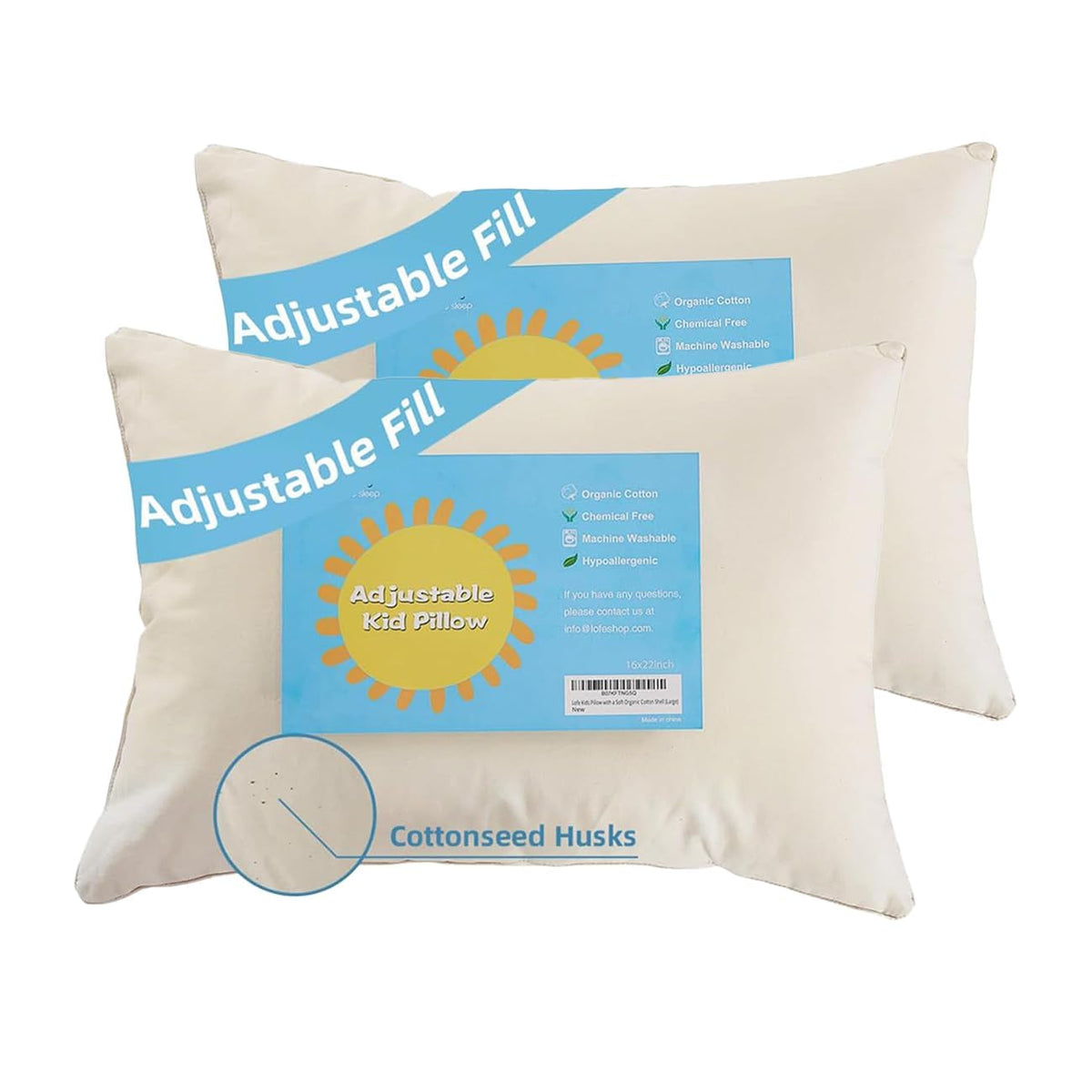 LOFE Organic Kids Pillow front view shows breathable cotton shell for gentle rest