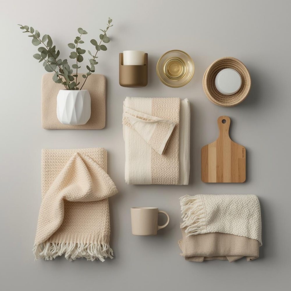 Curated flat lay of modern American home essentials including folded towels, ceramic vase, brass candle holder and woven basket – Loftwyn About Store