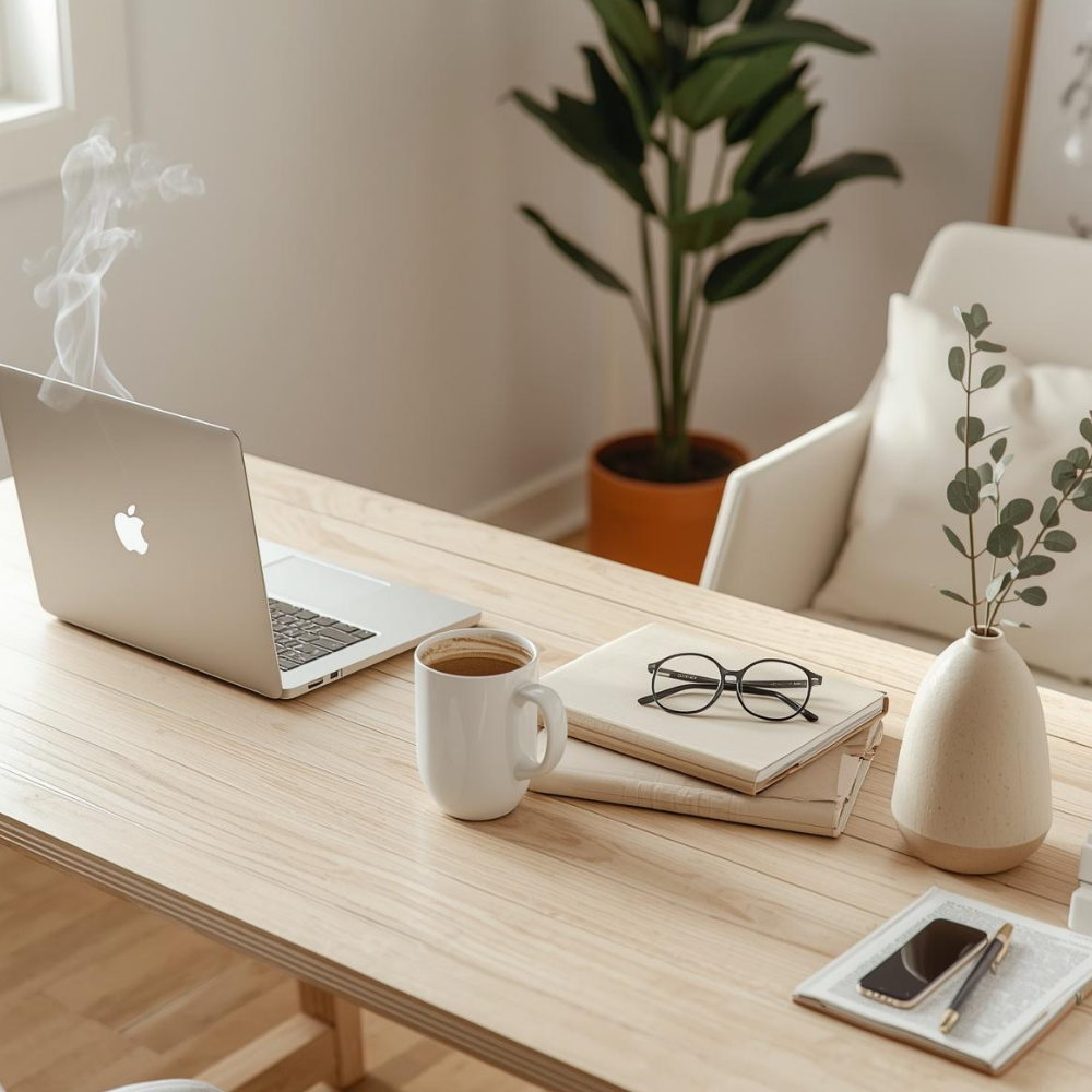 Modern American home office desk with laptop, ceramic coffee mug, eucalyptus vase and notebook in welcoming workspace – Loftwyn Contact Us