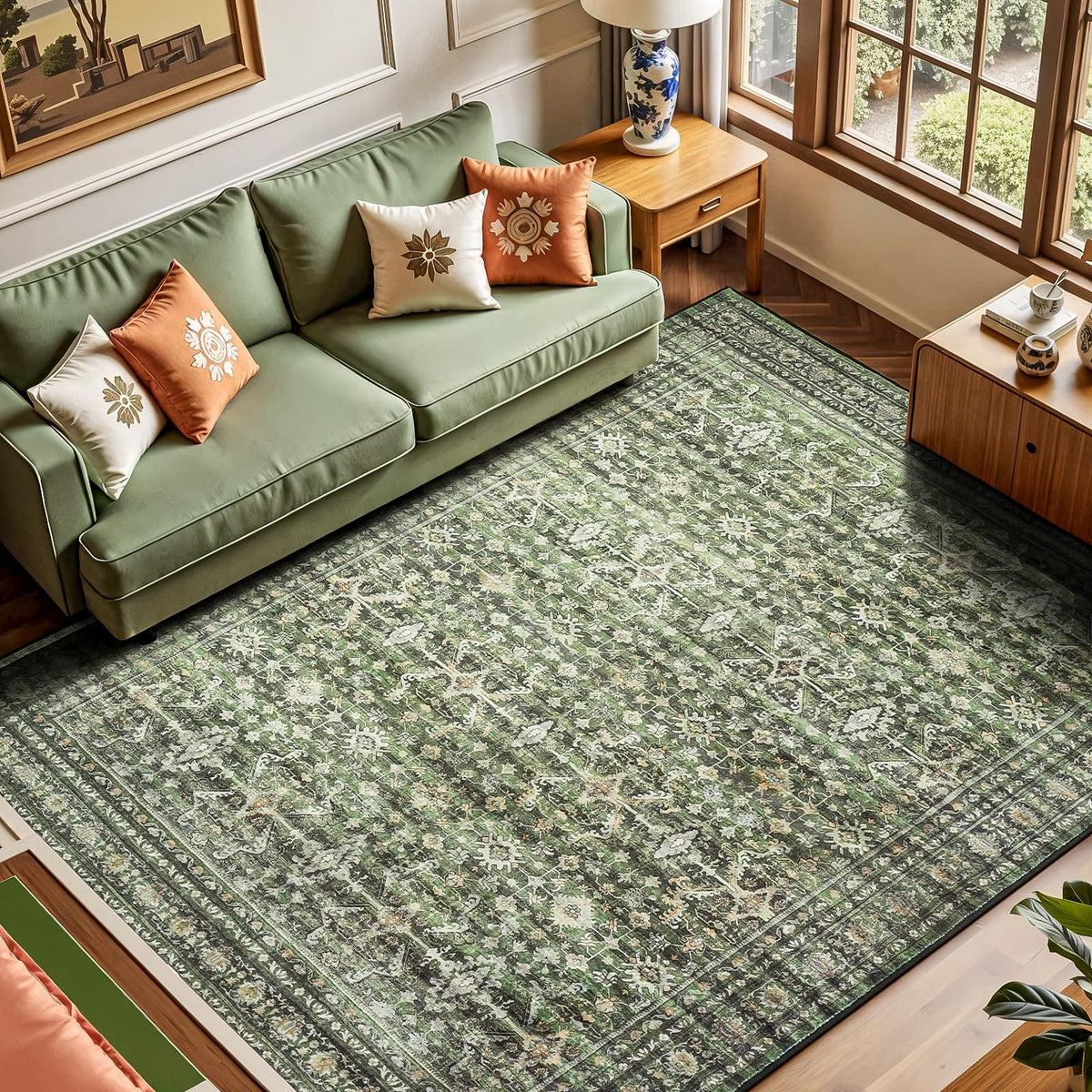 Lofus 5x7 green washable rug for living rooms with non-slip backing.
