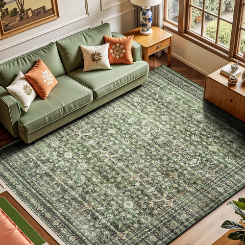 Lofus 5x7 green washable rug for living rooms with non-slip backing.