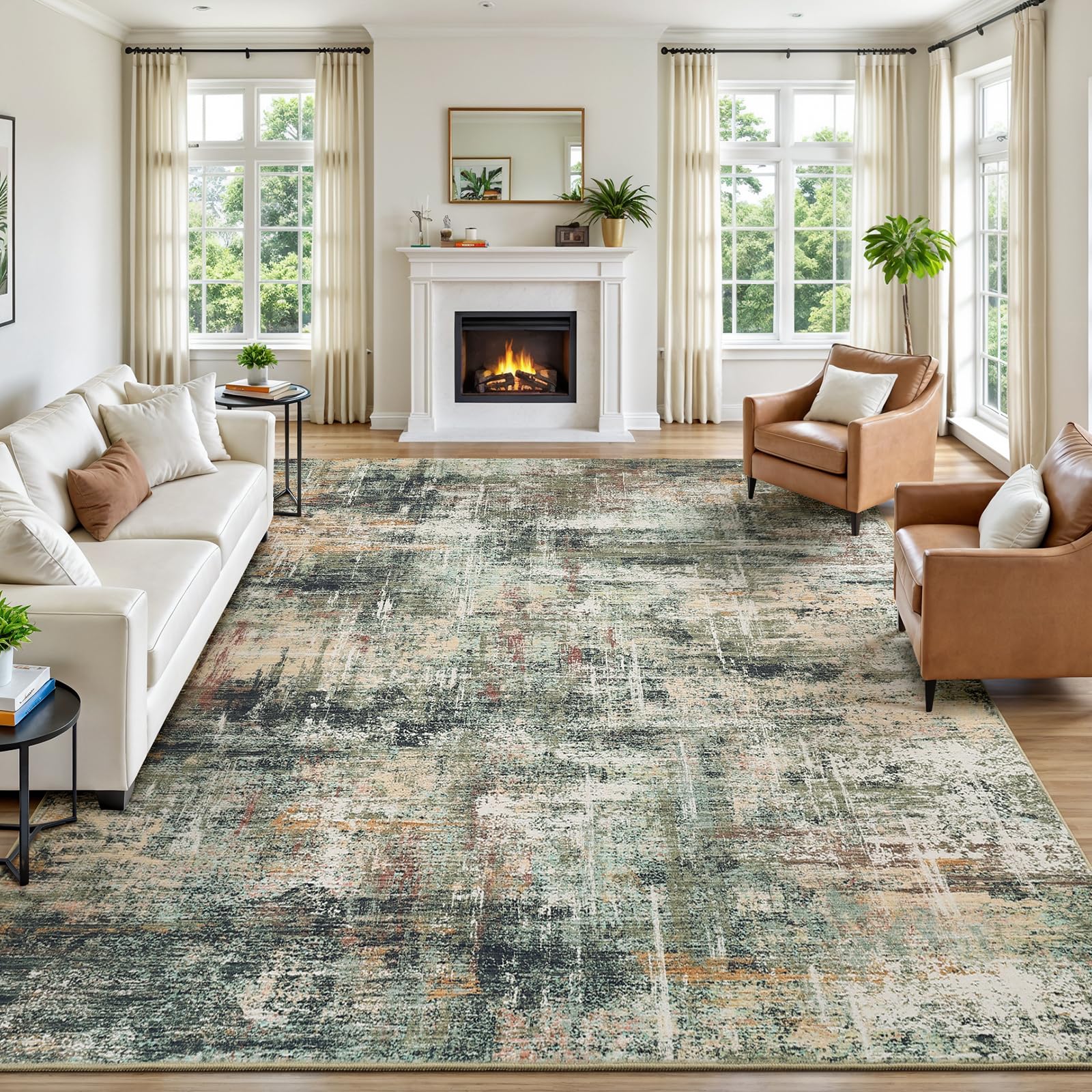 Lofus 8x10 area rug with abstract green design enhances living room style.
