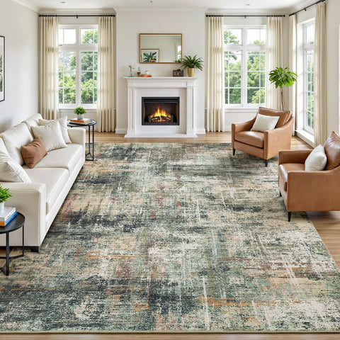 Lofus 8x10 area rug with abstract green design enhances living room style.