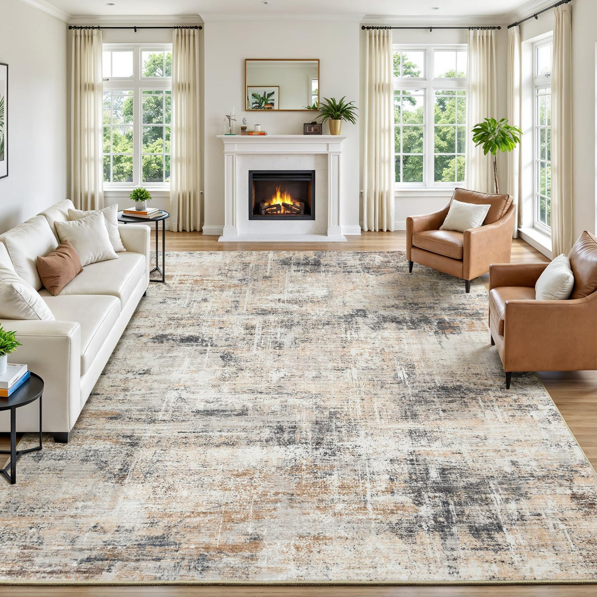 Lofus 8x10 area rug with gold abstract design in a living room for stylish comfort