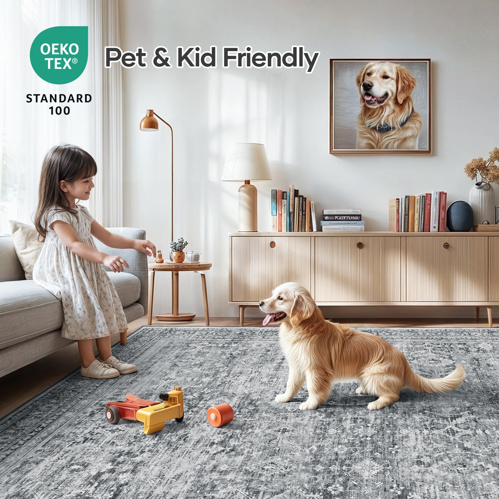 Lofus 8x10 rug that is machine washable for quick, easy cleaning.