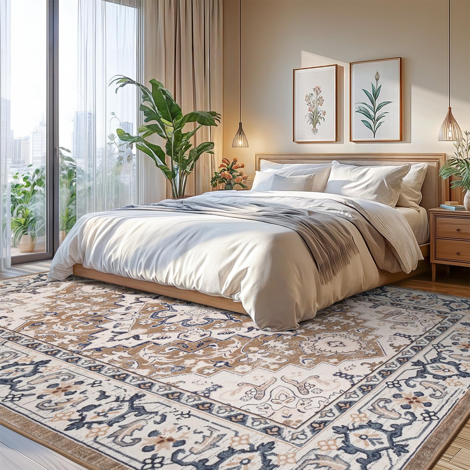 Lofus floral brown rug offers soft seating on low-pile surface
