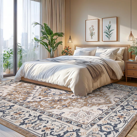 Lofus floral brown rug offers soft seating on low-pile surface
