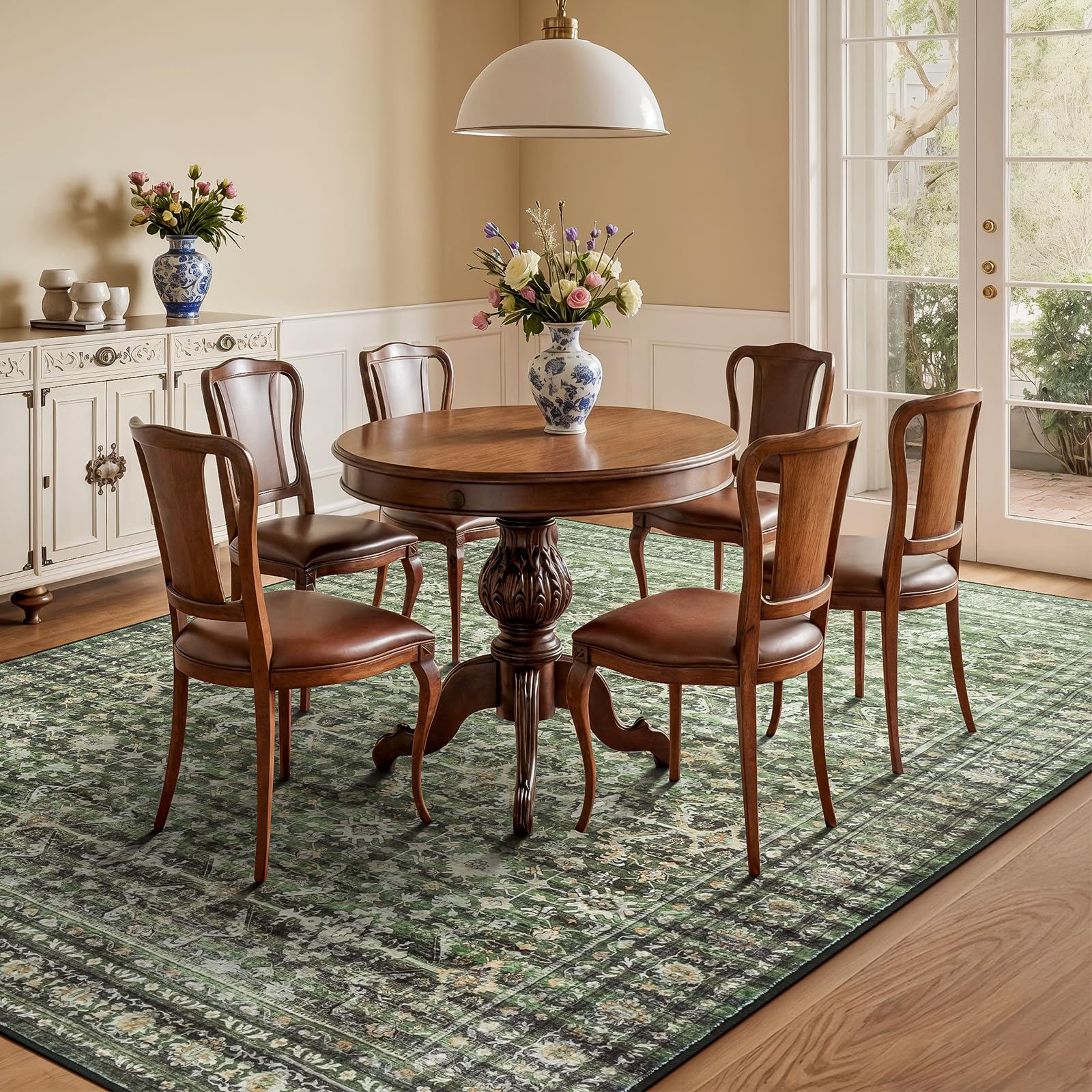 Lofus green dining room rug enhances ambiance with warmth.