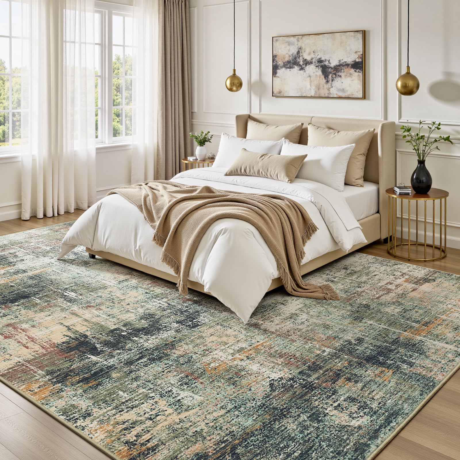 Lofus rug with non-slip backing stays securely in place on hardwood floors.