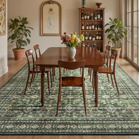 Lofus washable rug 8x10 green boho style easy to clean.