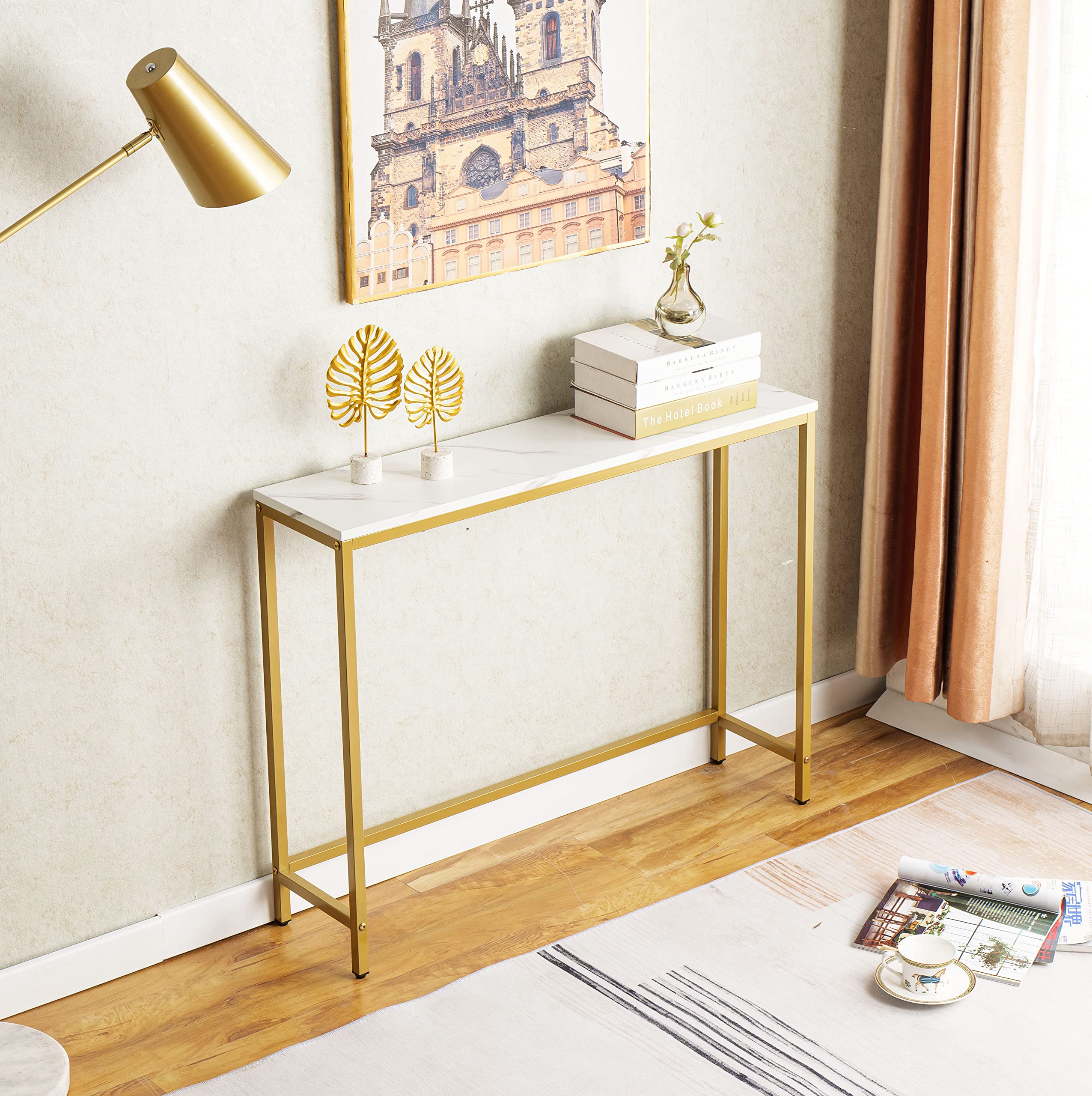 loglus compact console table fits narrow spaces while maximizing surface.