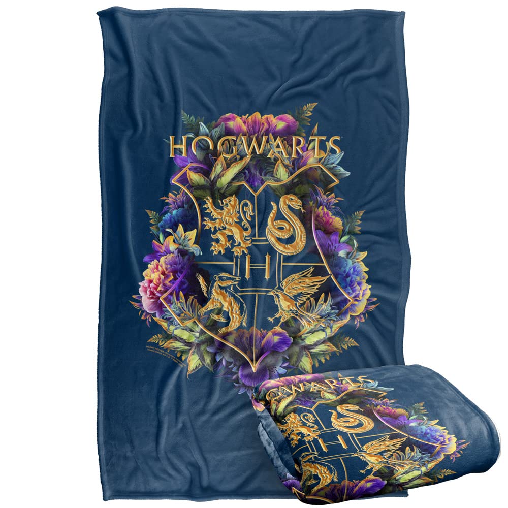 LOGOVISION Hogwarts floral crest throw blanket front view, vibrant multi-color design