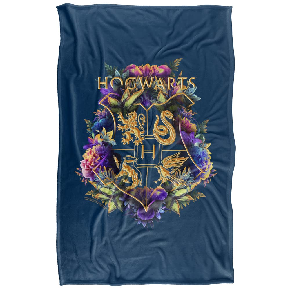 LOGOVISION Hogwarts floral crest throw blanket side view, silky-soft texture