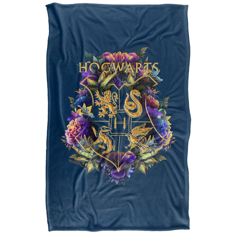LOGOVISION Hogwarts floral crest throw blanket side view, silky-soft texture