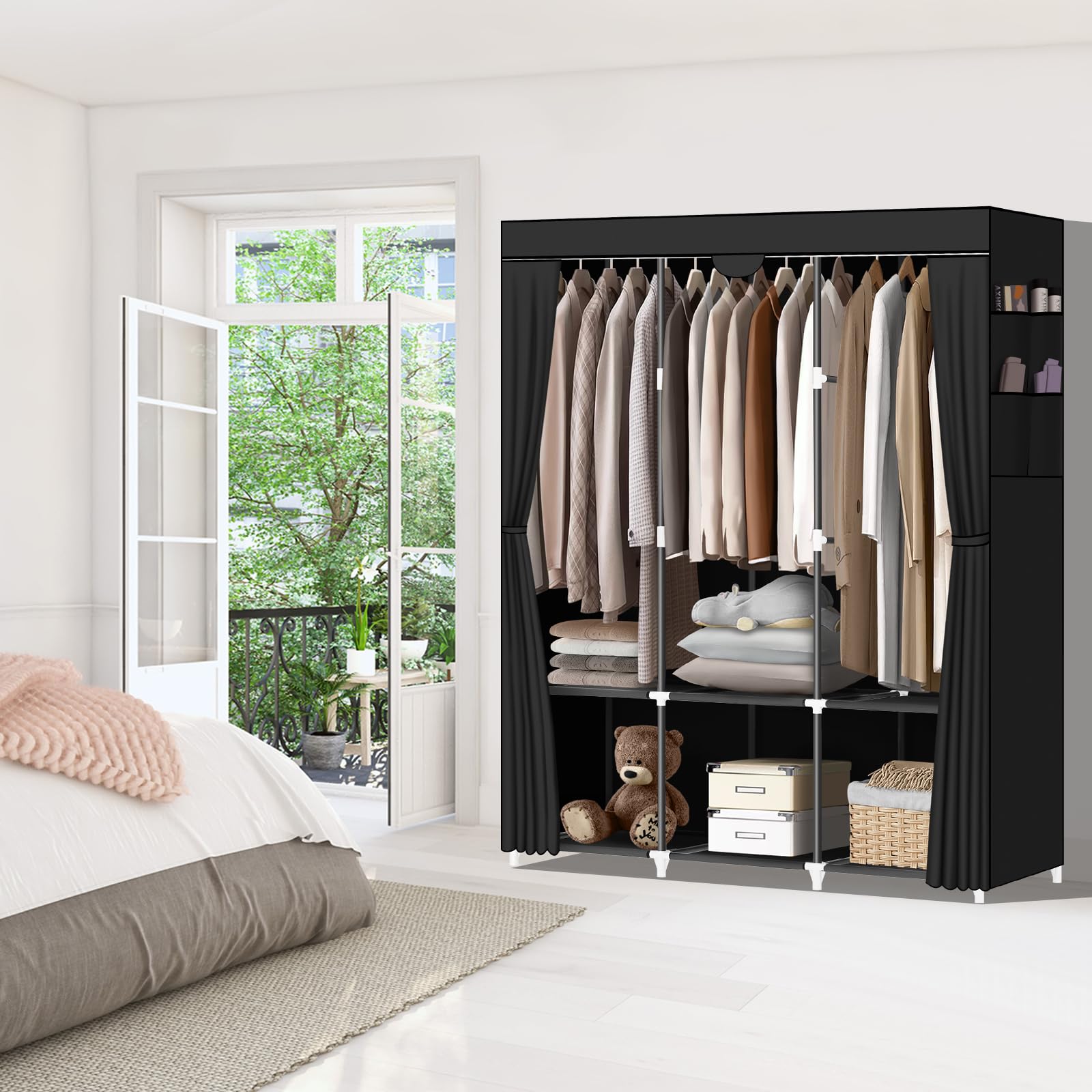 LOKEME portable closet-3-hanging-rods provides generous hanging space for garments