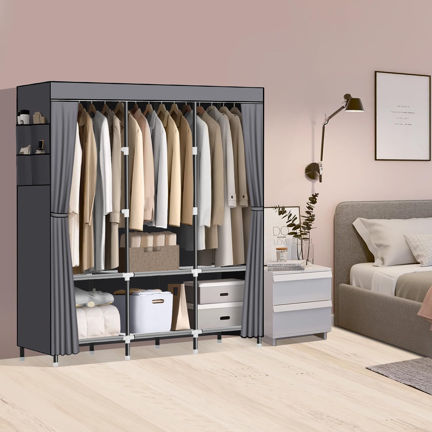 LOKEME Wardrobe Closet shows three hanging rods for efficient garment storage