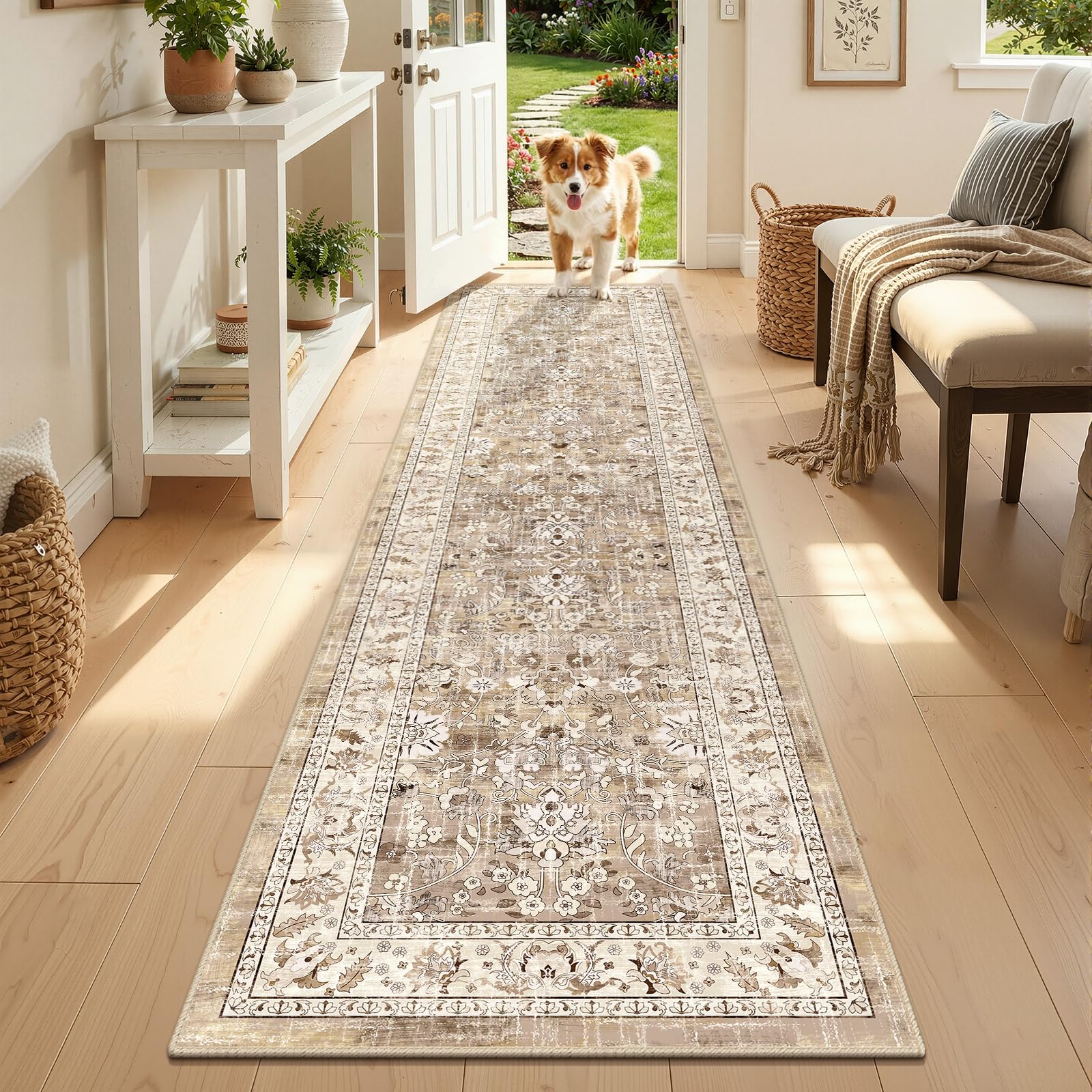 LOKHOM washable runner 2x8 front view shows soft faux wool texture for high-traffic areas.