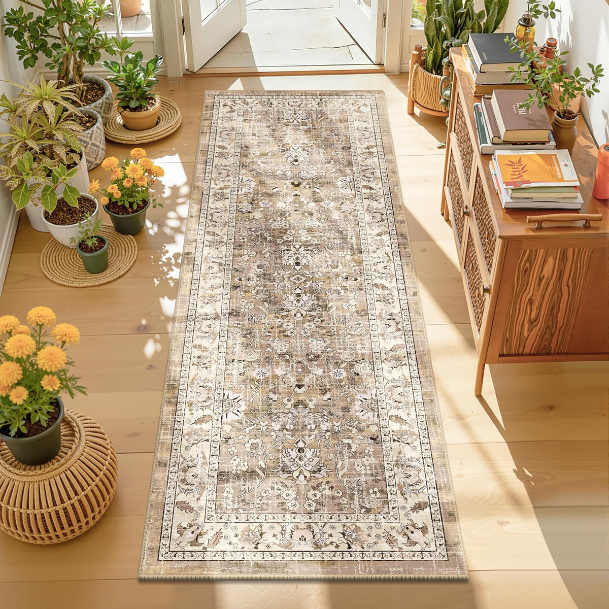 LOKHOM washable runner rug with boho floral pattern for stylish hallways