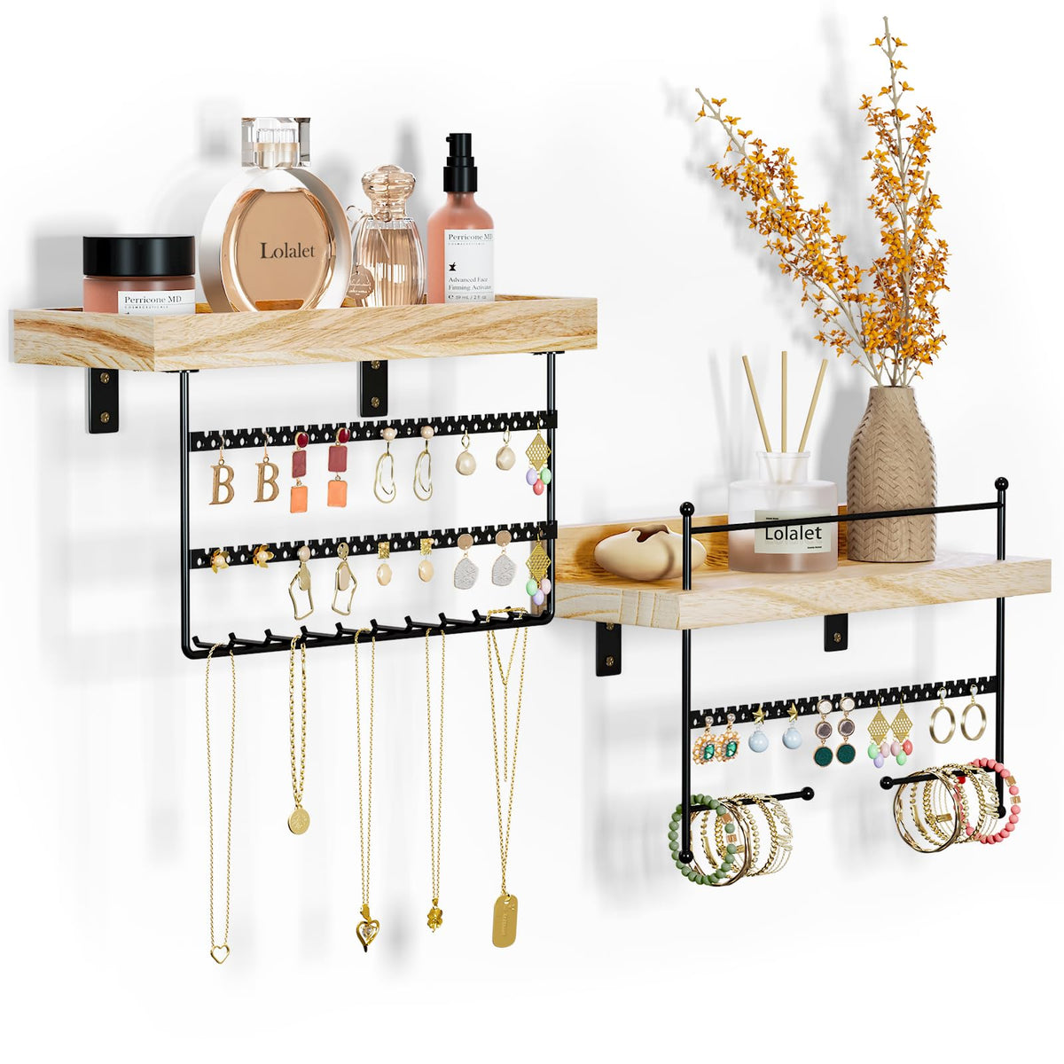 Lolalet wall mount jewelry organizer showing earrings storage on wood rack.