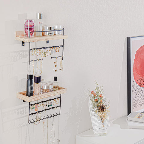 Lolalet wall mounted organizer with necklace hooks for organized necklaces.